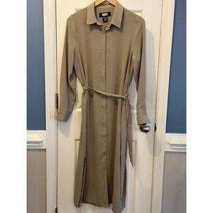 DKNY Women's Button Up Shirt  Dress Beige Belt Size 8 Minimalist Classic Casual